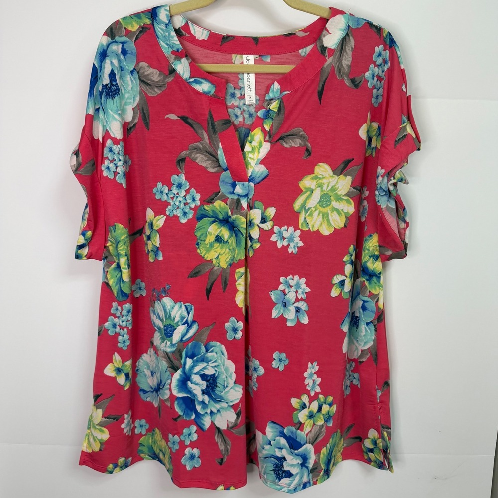 Dear Scarlett Pink Floral Split V-Neck Lizzie Button Tab Sleeve Top 2X NWT